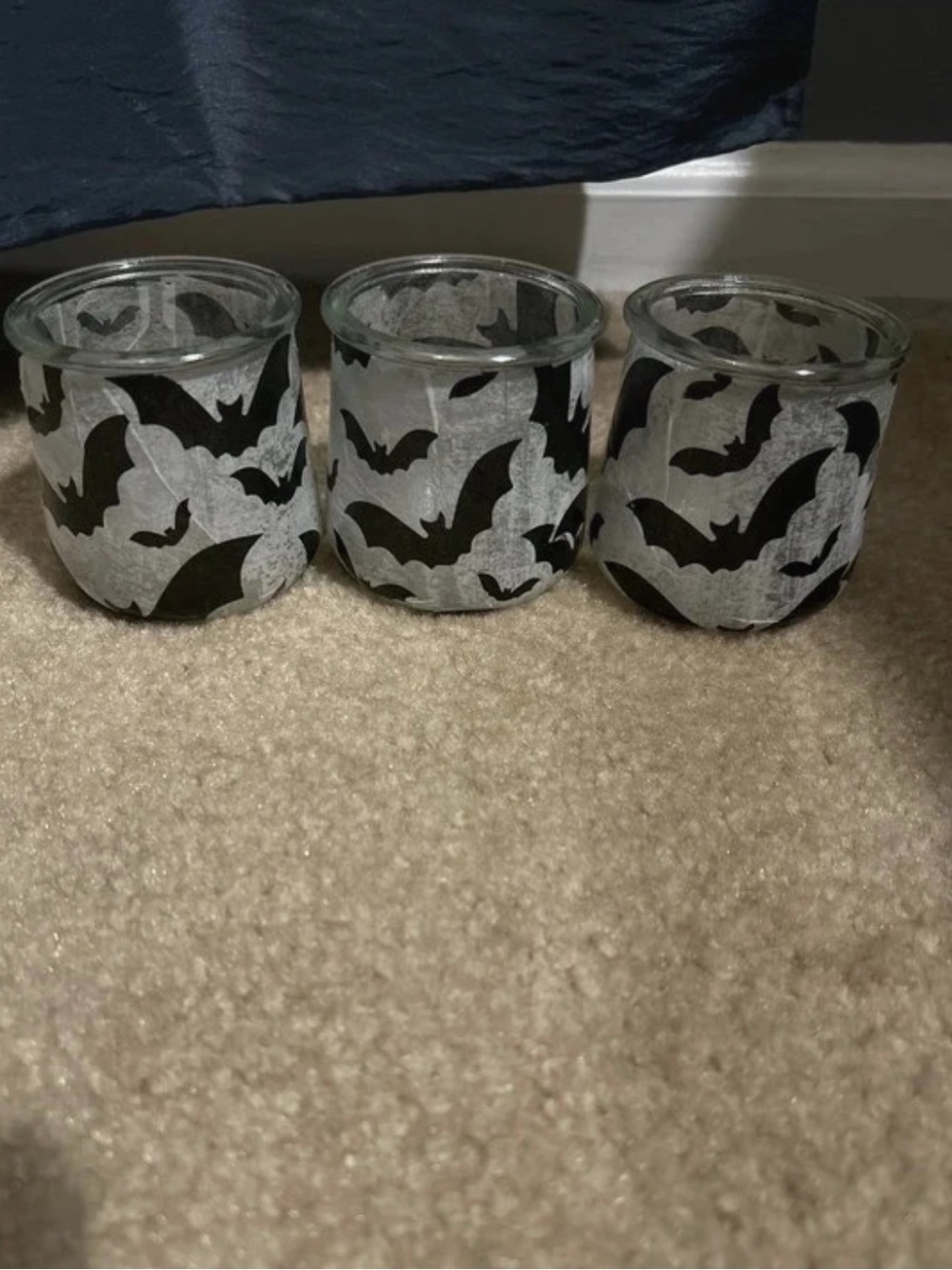Handmade by my mom! Halloween Bat Glass candle Holders - Black and White
